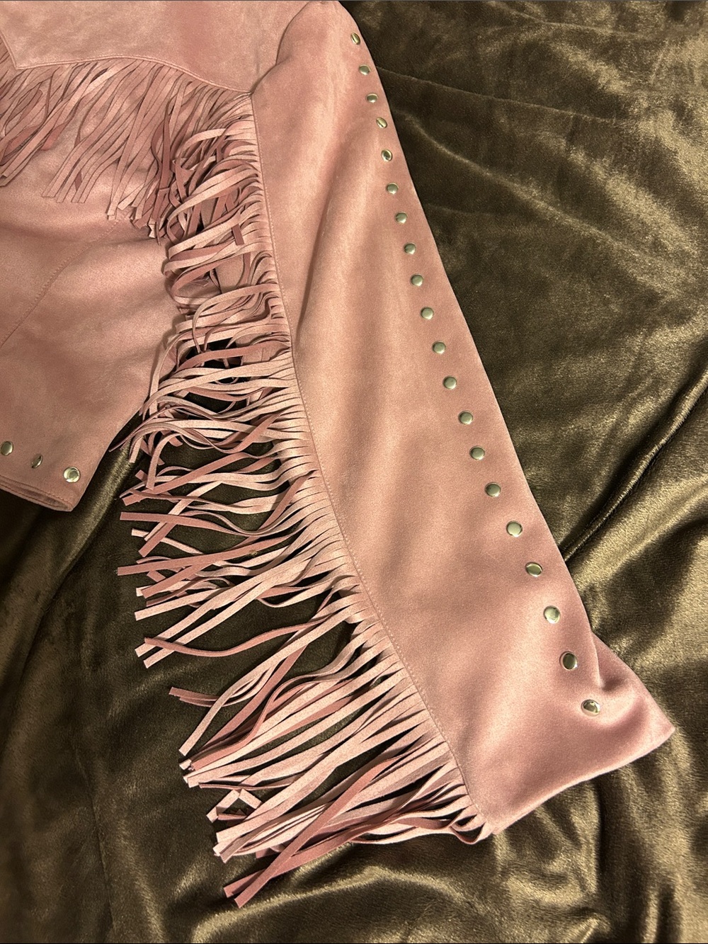 Adore Dusty Pink Faux Suede Fringe Moto Jacket with Studs - Picture 9 of 13